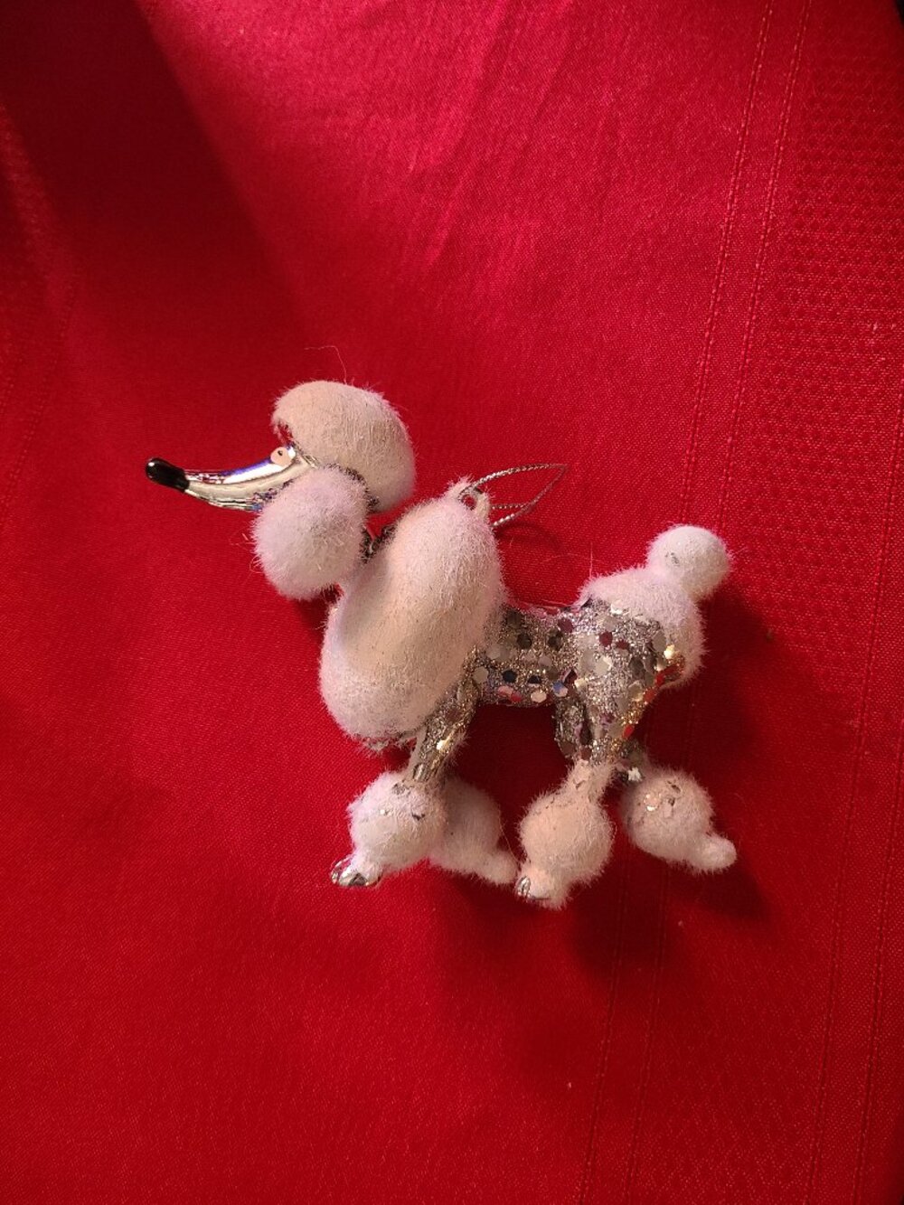 VTG Glittery Fuzzy Glass Silver & White Poodle Dog Christmas Ornament Whimsical